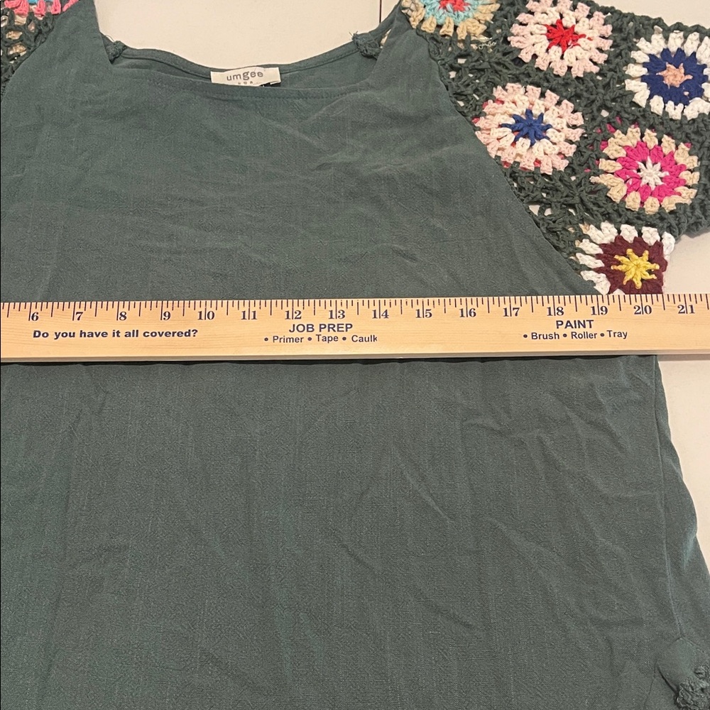 Hippy 70s Retro Crochet Linen Blend Top Granny Square Crochet Sleeves Size Small - Picture 6 of 14